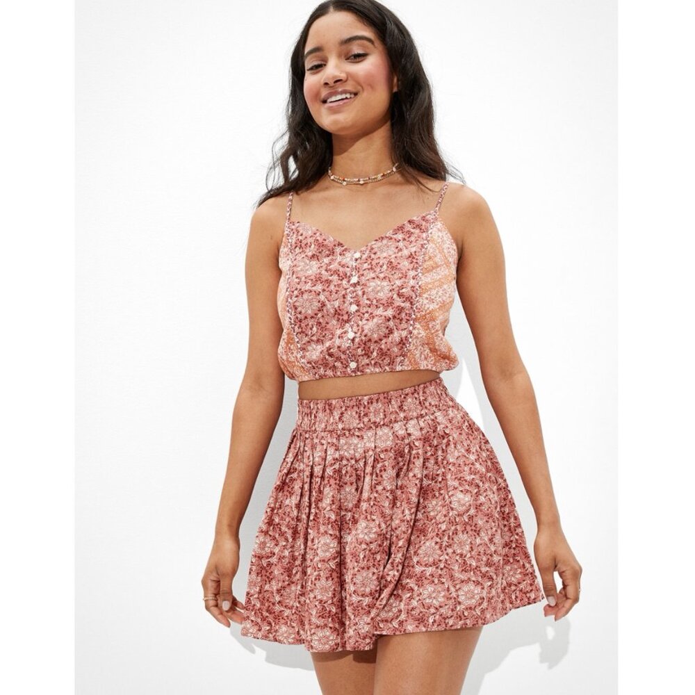 American Eagle | 2pc SET Cotton & Linen Floral Top and Pleated Mini Skirt Medium